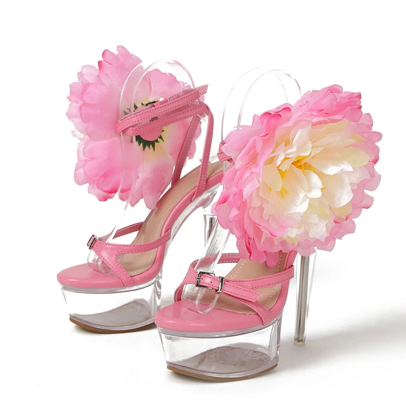 Big Flowers Women Transparent Platform Sandals Stilettos High Heels