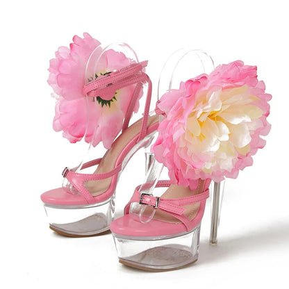 Big Flowers Women Transparent Platform Sandals Stilettos High Heels