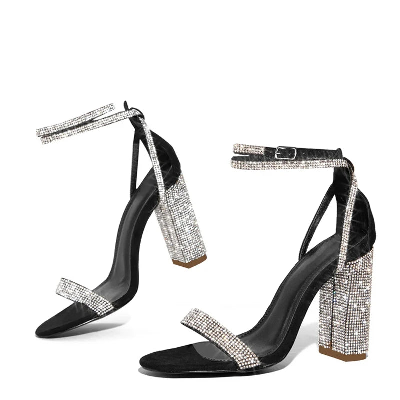Glitter Rhinestones Square High Heels Sandals with Crystal Ankle Strap for Women