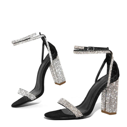 Glitter Rhinestones Square High Heels Sandals with Crystal Ankle Strap for Women