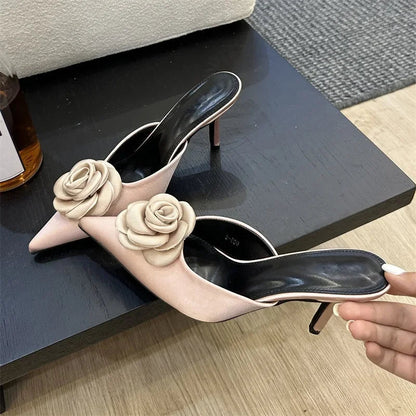 Flower Pointed Toe Women Pumps Slippers Thin High Heels Fashion Shoes