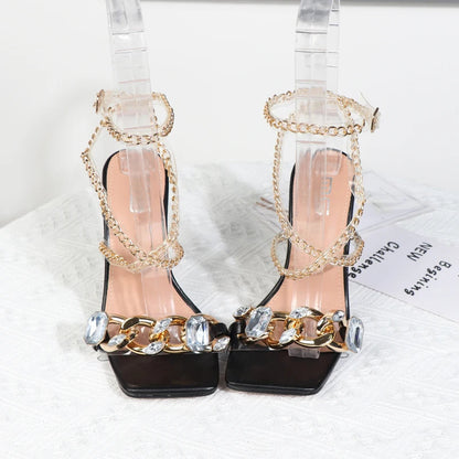 Plus Size Thin Heel High Heel Sandals with Metal Chain and Rhinestone Square Head