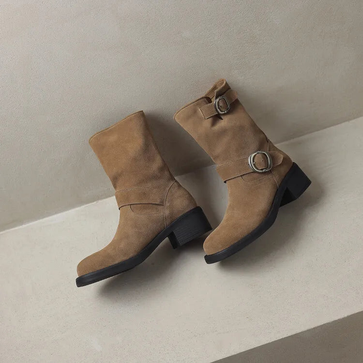 | Suede Buckle Boots in Black
