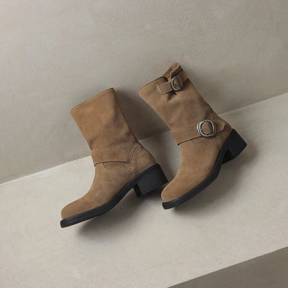 | Suede Buckle Boots in Black