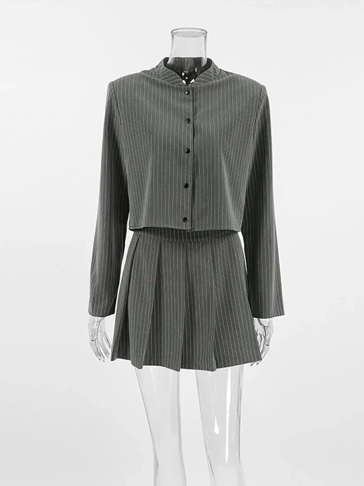 Women Striped Skirt Set Stand Collar Single Breasted Top High Waist Pleated Skirts 2024 Summer Fall New Fashion Lady Office Suit
