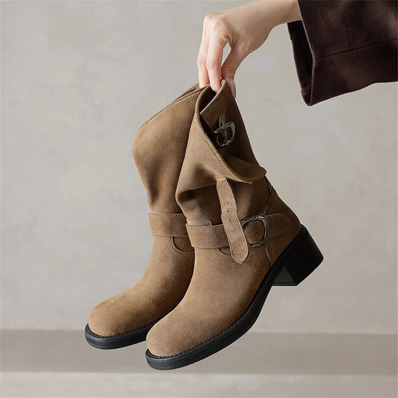 | Suede Buckle Boots in Black