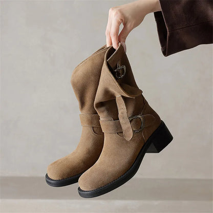 | Suede Buckle Boots in Black