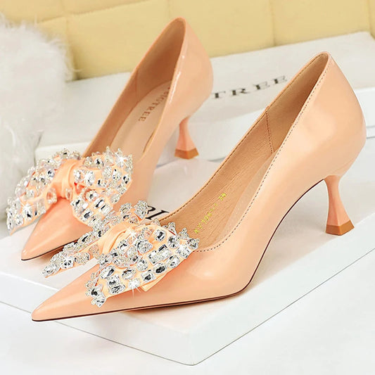 Rhinestone Bowknot Kitten Heels Luxury Party Shoes for Women