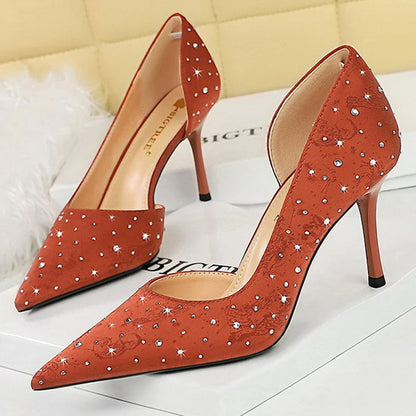 Rhinestone Kitten Heels Women 8 Cm Pumps Silk Satin High Heels