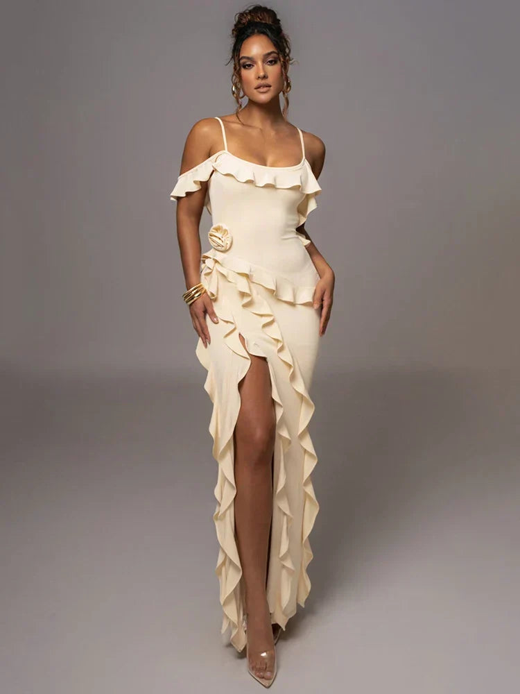 Cold Shoulder Ruffle Spaghetti Strap Floral Applique Ruffle Slit Maxi Gown