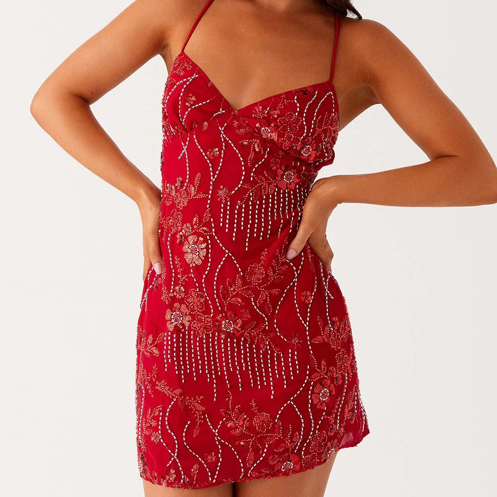 Pearl Floral V Neck Sequin Bodycon Dress