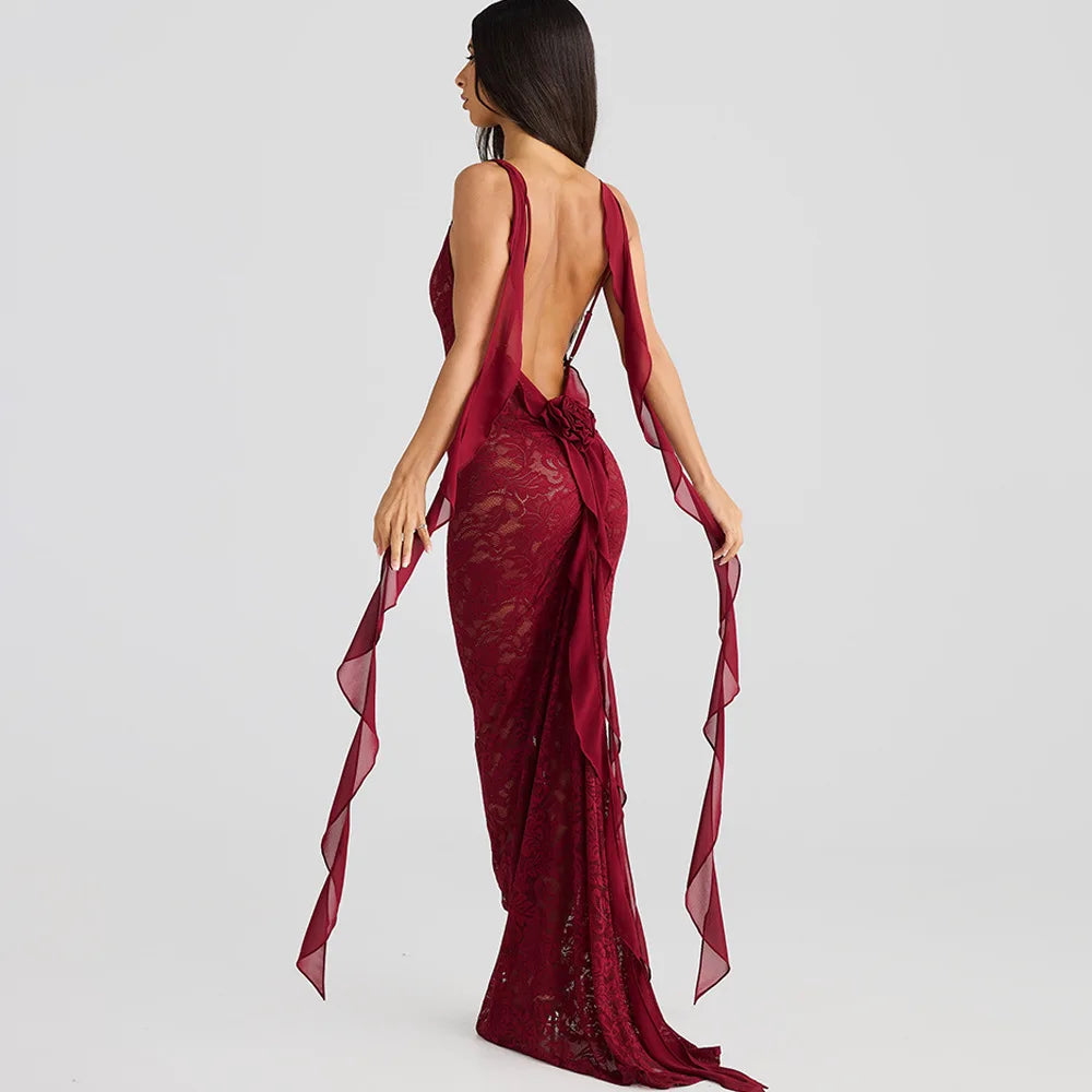 | Backless Lace Mermaid Gown with Chiffon Streamers