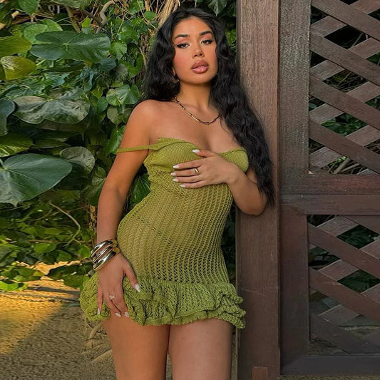 Sheer Knitting Ruffles Floral Mini Dress