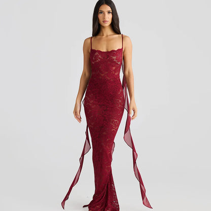 | Backless Lace Mermaid Gown with Chiffon Streamers