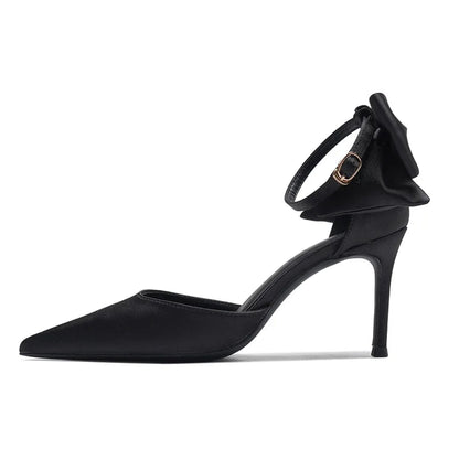 Satin Buckle Strap Bow Hollow Sandals with Stiletto Heel for Women