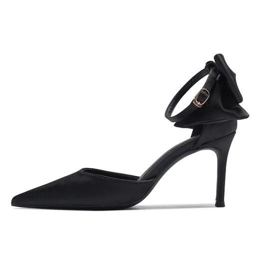 Satin Buckle Strap Bow Hollow Sandals with Stiletto Heel for Women