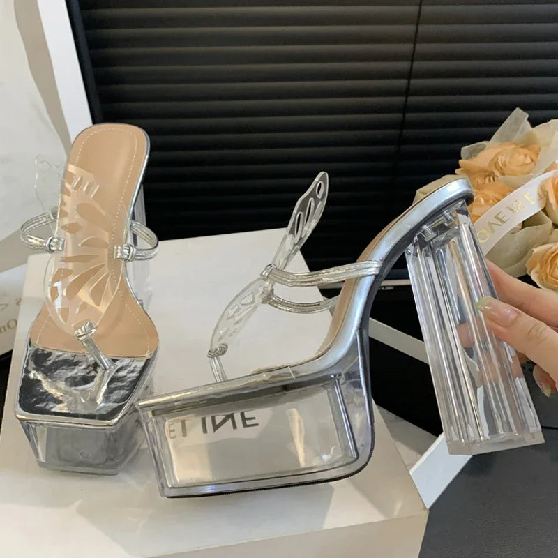 Hollow Transparent Woman Slippers Flip Flops Crystal High Heels Fashion Shoes
