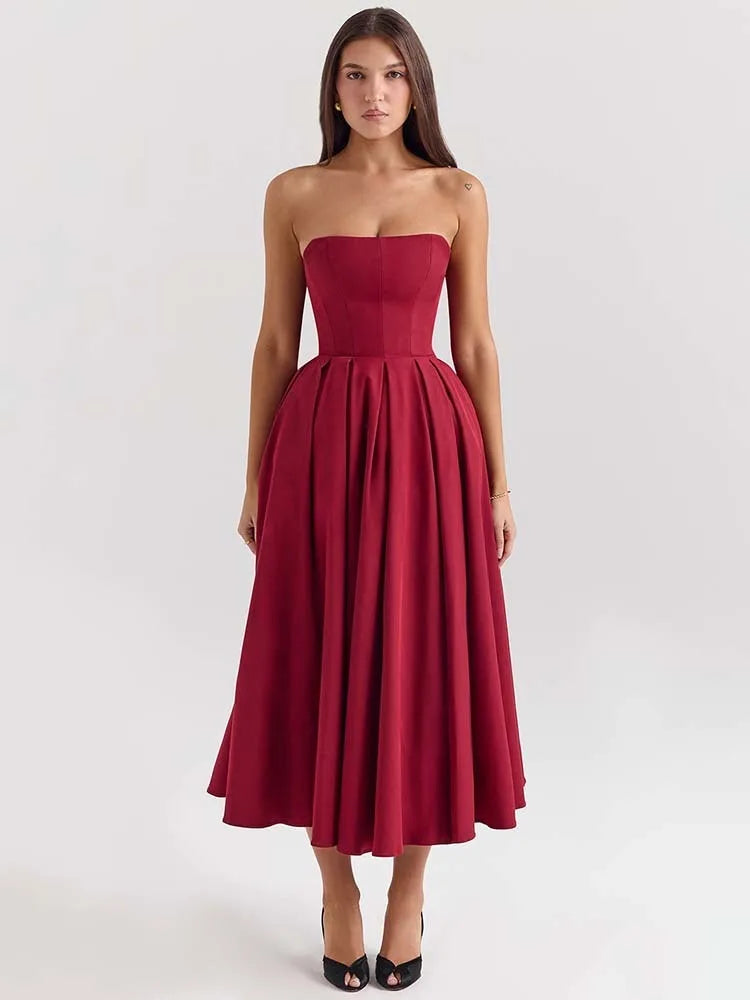 Pleated Strapless A-Line Midi Dress