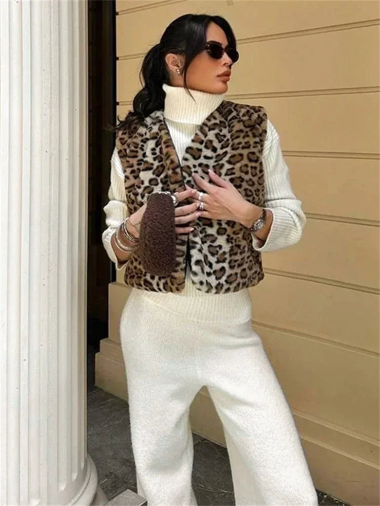 Leopard Printed Cropped Vest Coat