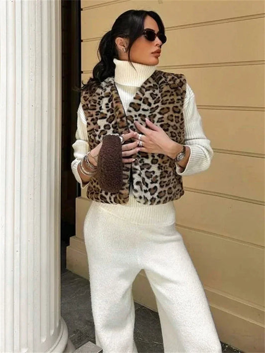 Leopard Printed Cropped Vest Coat