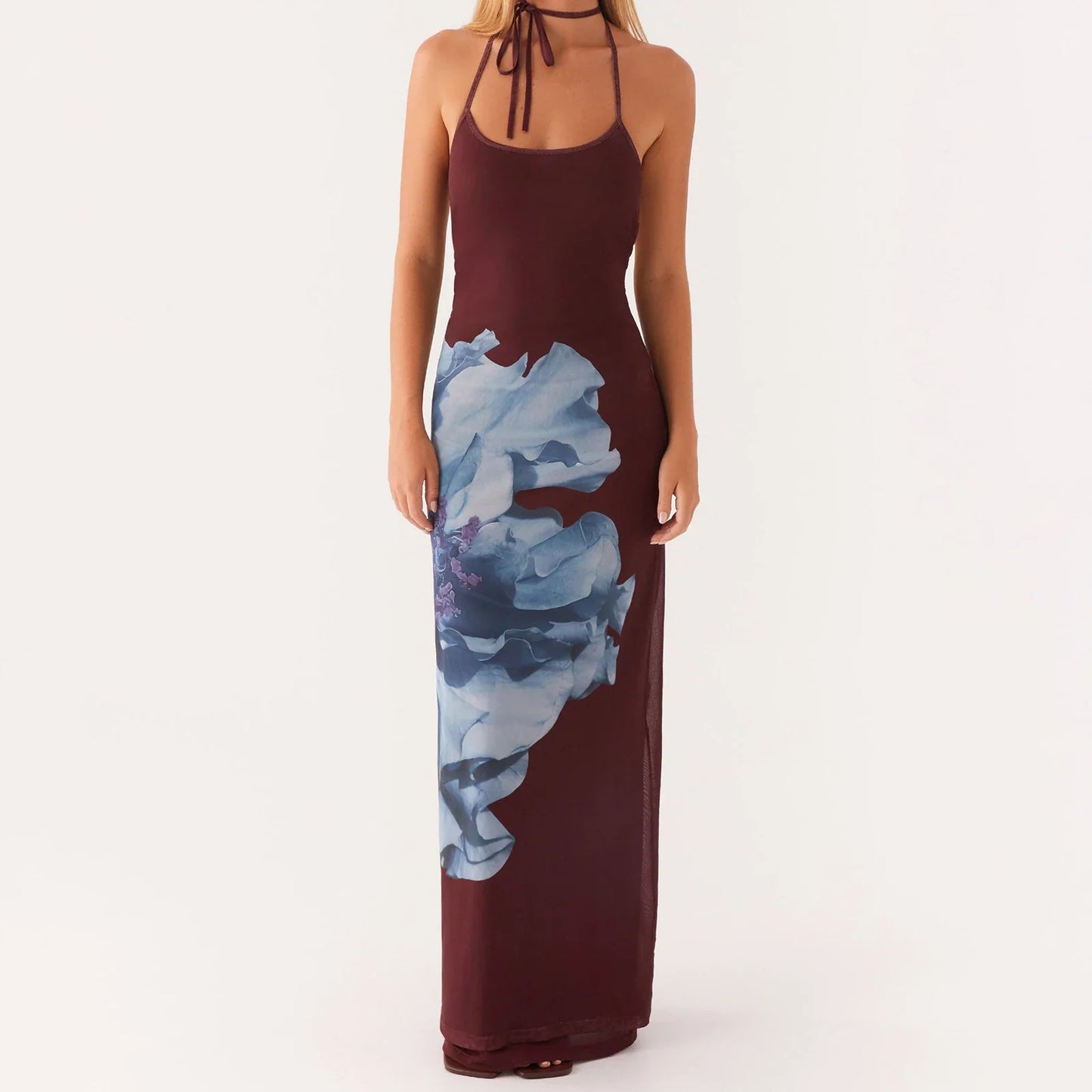 Open Back Floral Halter Slip Vacation Dress