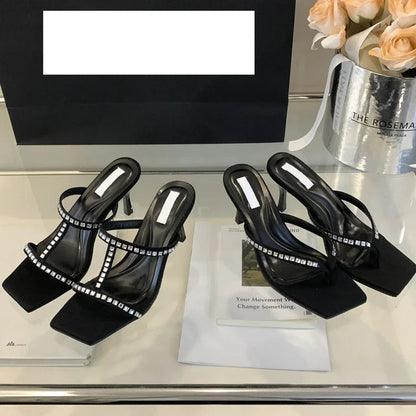 Crystal Square Clip Toe Thin Heel Flip Flops for Women