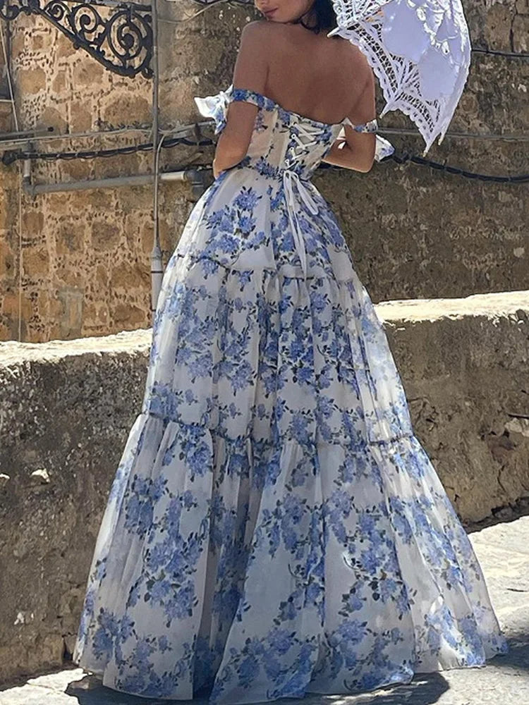 Backless Fit Flare Maxi Floral Dress