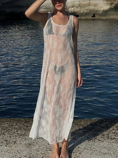 See Through Lace Hollow Out U Neck Sleeveless Vacation Dress