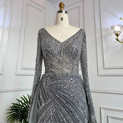Blue Mermaid Beaded Long Sleeves Evening Gown
