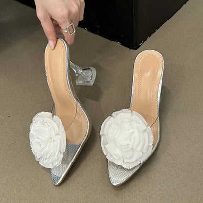 Transparent PVC Women's Fashion Flowers Pointed Toe High Heel Slippers