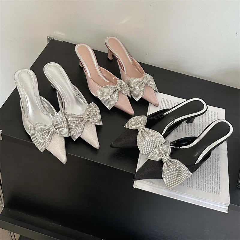 Crystal Butterfly-knot Women Slipper Pointed Toe Mules Shoes Elegant Thin Low Heel Sandals