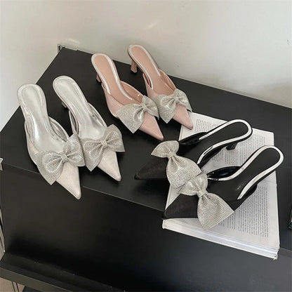 Crystal Butterfly-knot Women Slipper Pointed Toe Mules Shoes Elegant Thin Low Heel Sandals