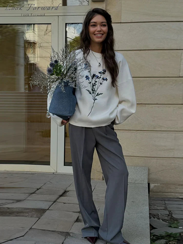 Embroidery Pullover Women Loose Autumn Winter O-neck Flower Sweater Female Long Sleeve Soft Casual Knitwears Lady All-match