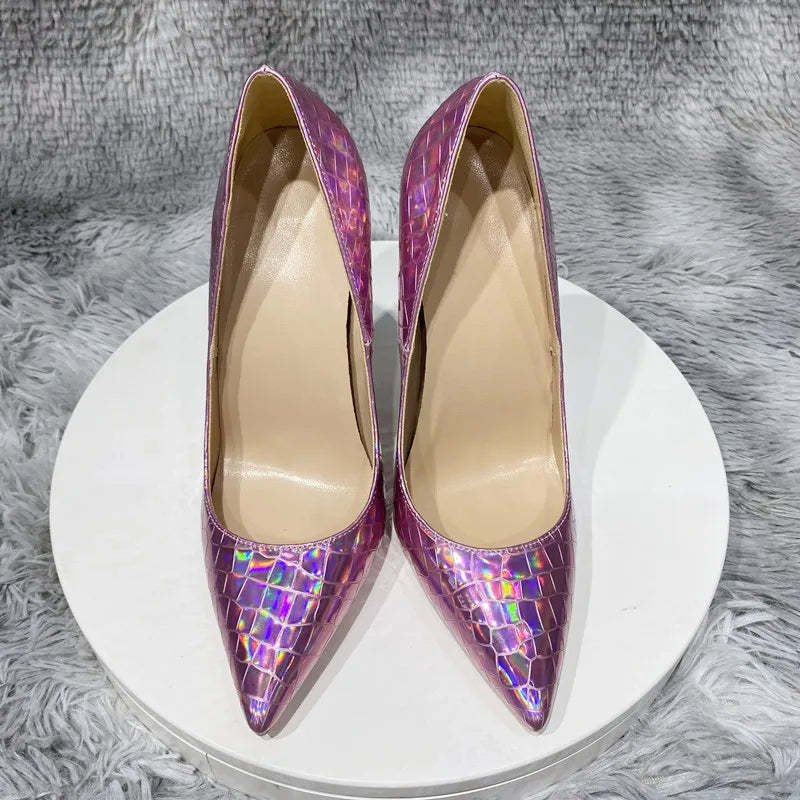 Pink Laser Shiny Crocodile Effect High Heel Shoes for Women