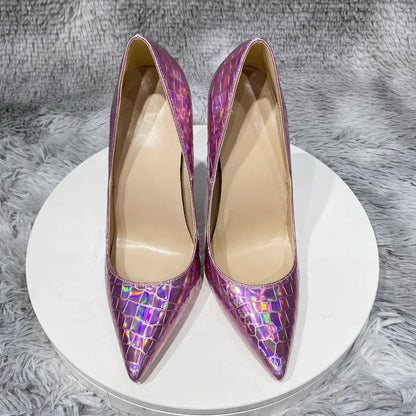 Pink Laser Shiny Crocodile Effect High Heel Shoes for Women