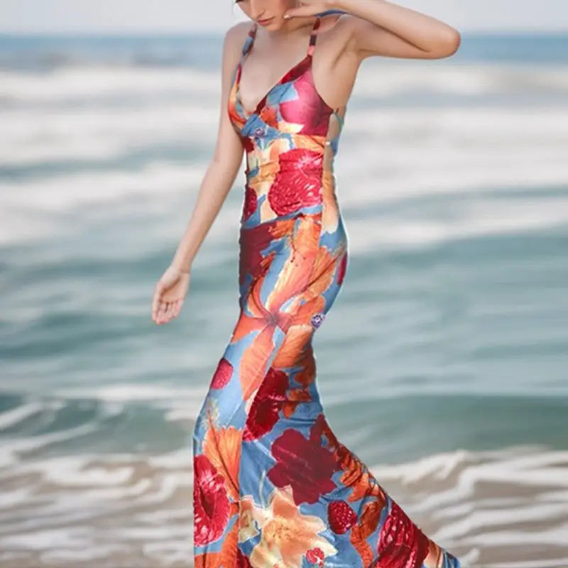 Beaded Contrast Floral Cami Vacation Dress