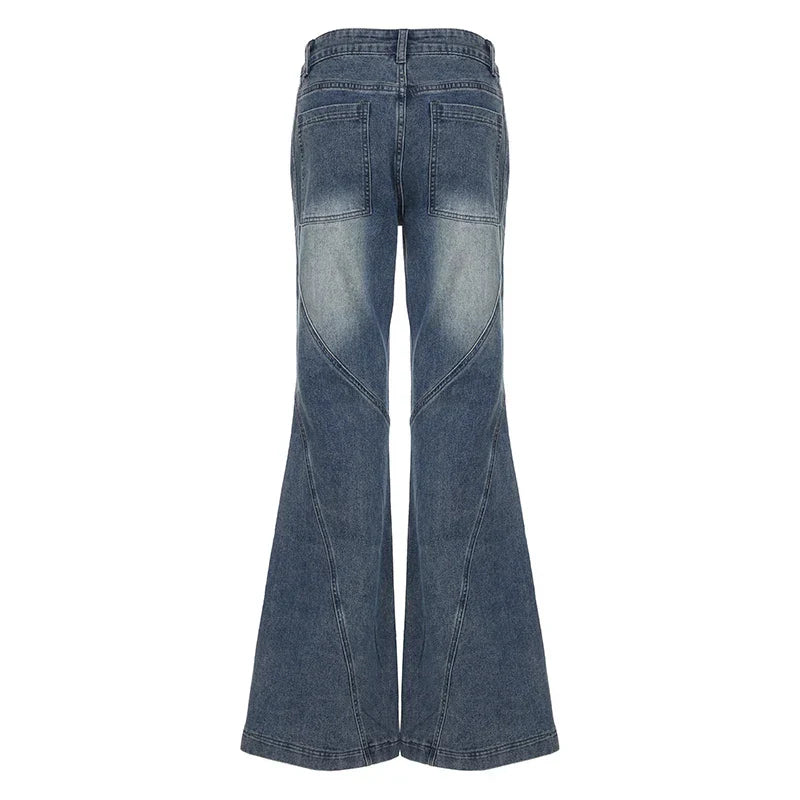 Y2K Low Waisted Washed Flare Jeans Korean Streetwear Blue Slim Fit Denim Pants Fashion Lady Casual Boot Cut Trousers