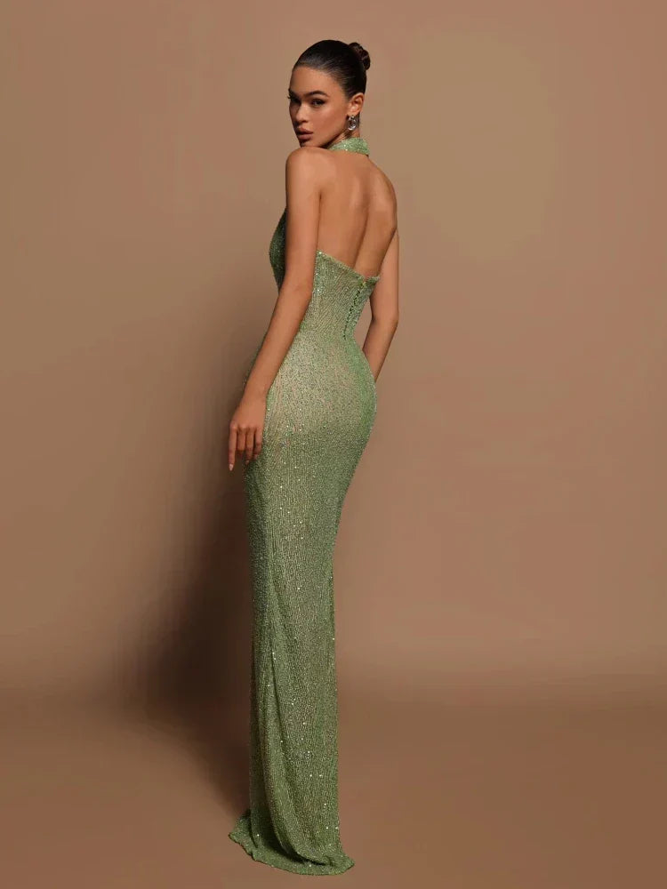 Glitter Ribbed Halter Neck Deep V-Neck Bodycon Maxi Gown