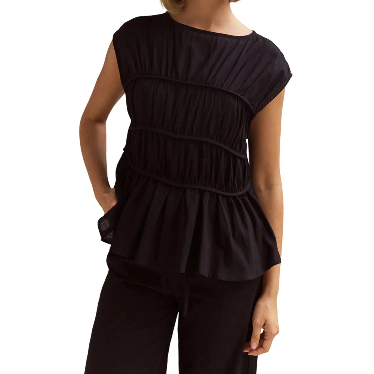 | Ruched Cap Sleeve Peplum Top
