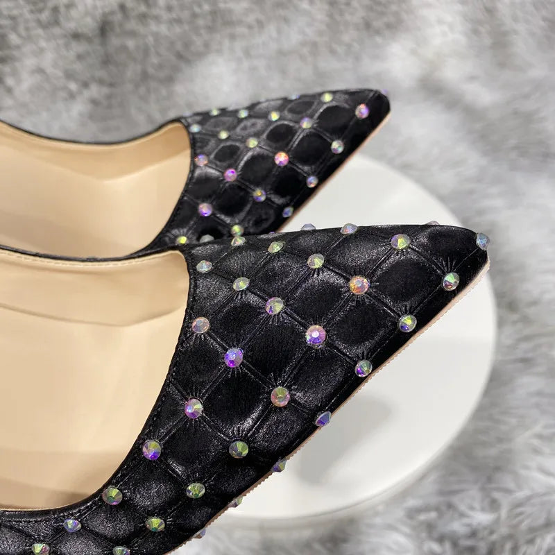 Black Plaid Fabric Pointy Toe High Heel Shoes with Rhinestones for Women