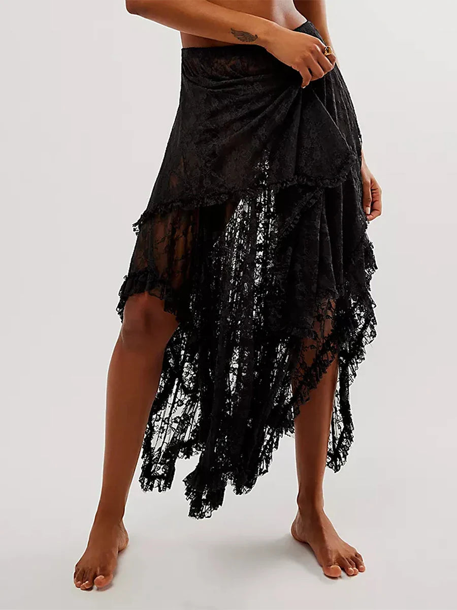 Lace Elastic Irregular Midi Skirt