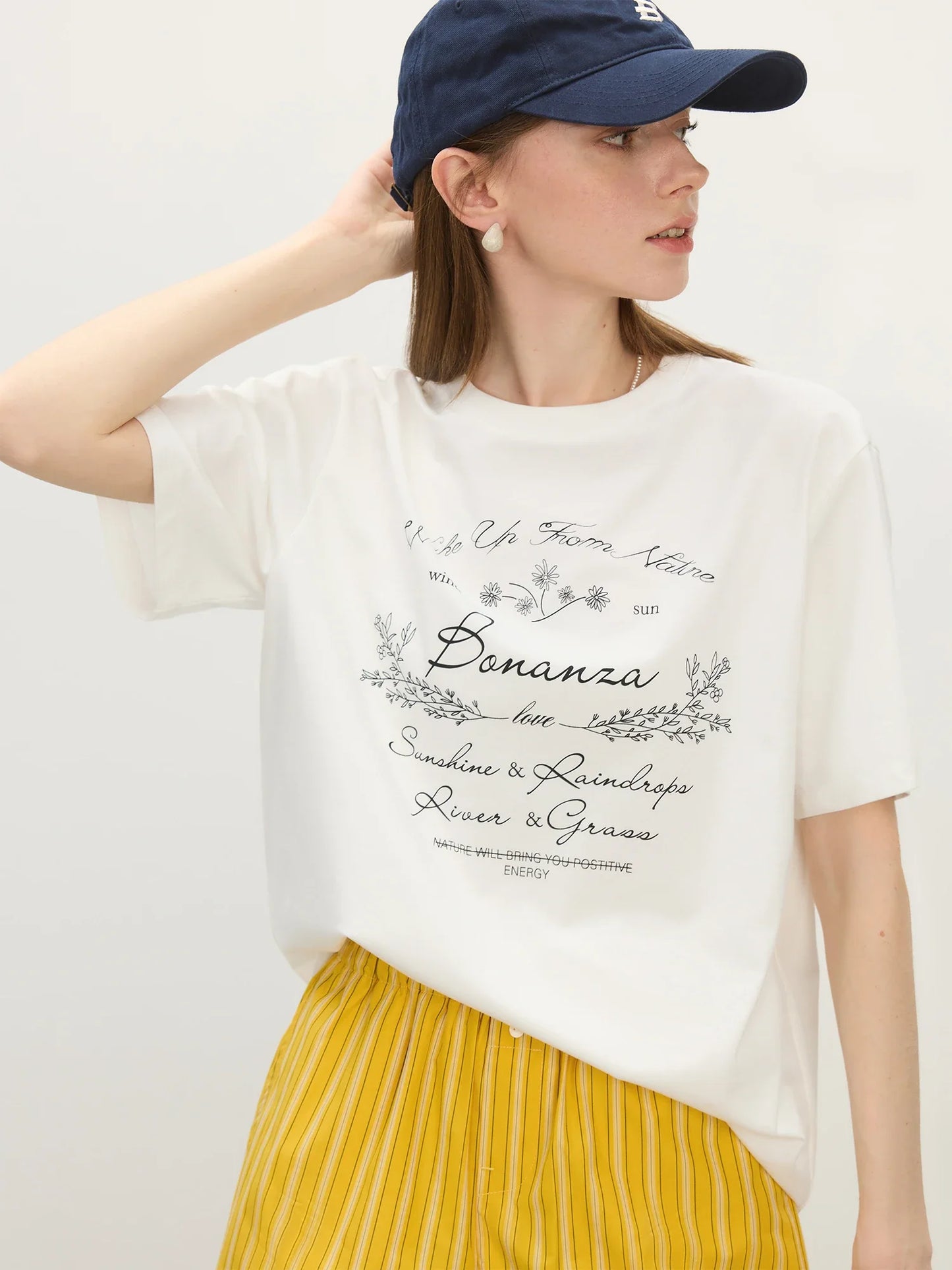 Floral Letter Ribbed Neckline T-shirt