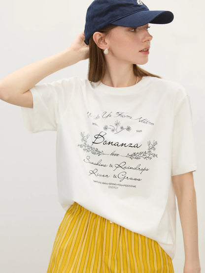 Floral Letter Ribbed Neckline T-shirt