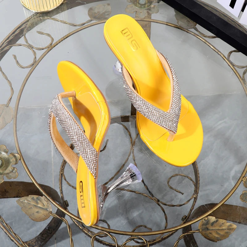 Autumn flip flops with transparent high heels and rhinestone embellishments for women's outdoor wear.