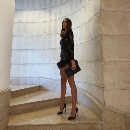 Long Sleeve Slim  Sequins Feather Dress