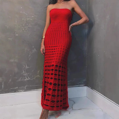 Hollow Strapless Knitted Maxi Dress