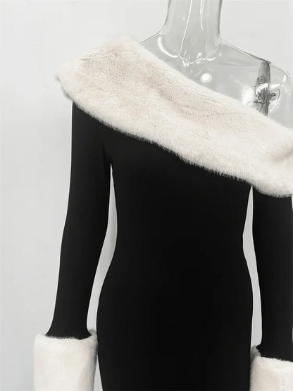 Fluffy Long Sleeve Off-Shoulder Patchwork Dress