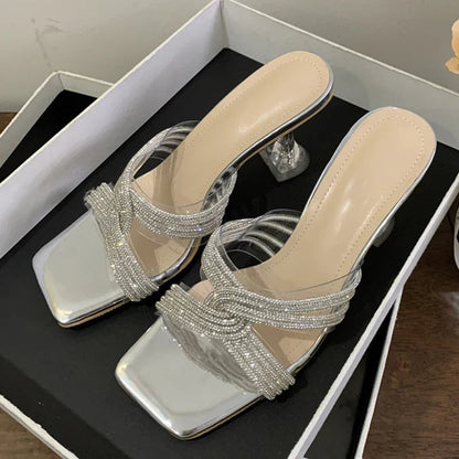 PVC Transparent Open Toe Crystal Slippers Women Low Heels for Summer Banquets