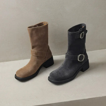 | Suede Buckle Boots in Black