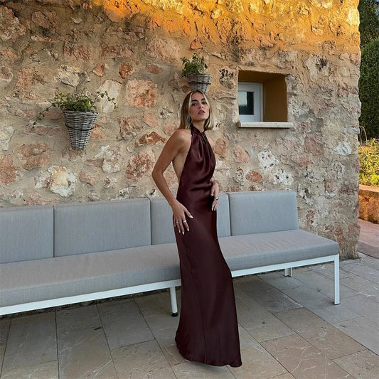 Slanted Collar Halter Ruched Maxi Dress